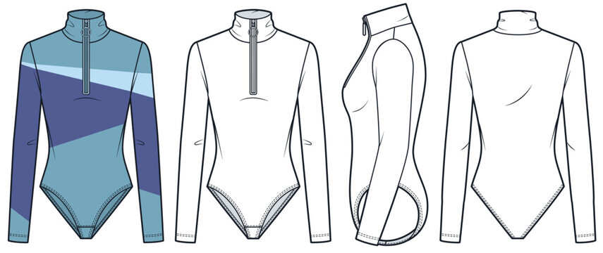 Women Activewear Bodysuit Fashion Flat Sketch. Half Zip Swimsuit fashion flat technical drawing template, front, side and back view, white, blue, women CAD mockup set.