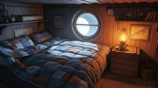 Bedroom in vintage style with a large bed featuring a square patterned duvet, warm lamp light, and a circular window providing natural light in cozy interior.