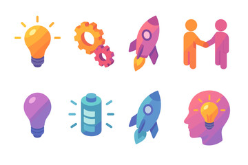 Gradient icons of innovation and teamwork featuring light bulbs and rockets