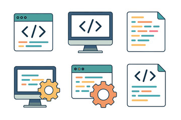 Minimalist flat design of coding and development icons for web and software projects