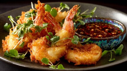 Fototapeta premium Crispy Fried Shrimp with Fresh Microgreens and Spicy Dipping Sauce on Elegant Plate in Restaurant Setting