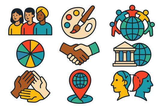 Colorful diversity and global unity icons with multicultural symbols