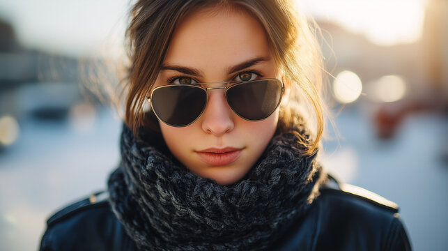 Stylish young woman in sunglasses and warm winter wear bathed in golden light