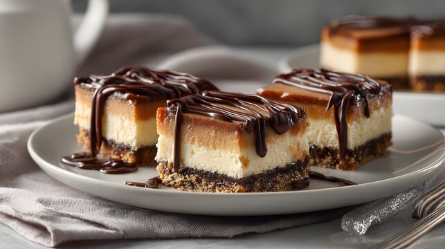 Decadent square layered desserts generously drizzled with rich dark glaze