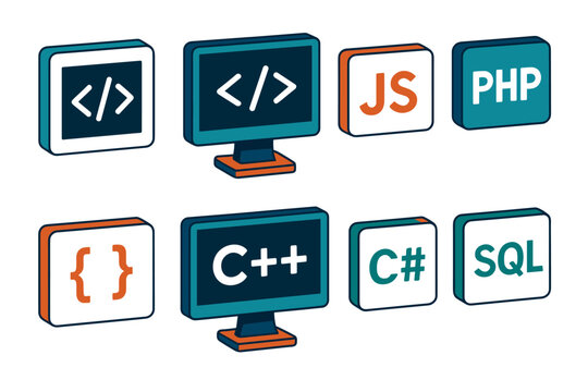 Colorful isometric programming language icons set for developers and designers