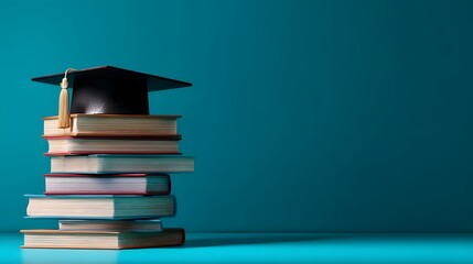 Academic mortarboard rests atop a stack of hardcover books against a teal background