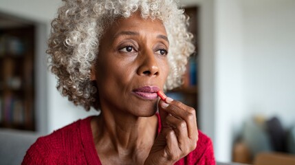 Older woman with red hair contemplating.