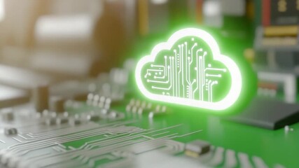 Cloud Computing: A glowing cloud symbol, illuminated in a bright green hue, overlays a sophisticated circuit board, symbolizing the cutting edge of digital data storage and processing. - Powered by Adobe