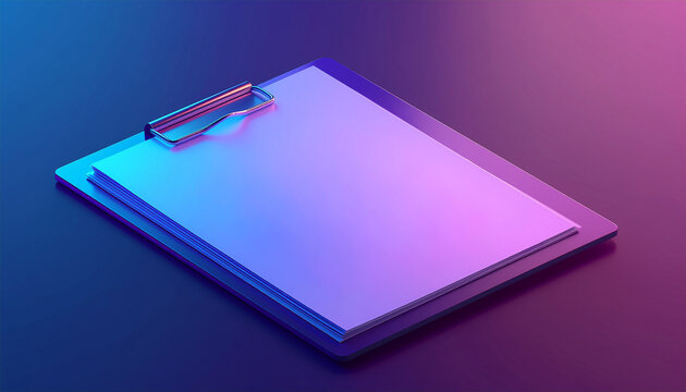 Blank clipboard with stacked white papers lit by a blue‑to‑pink gradient glow, modern minimal stationery shot ideal for office, creative or branding concepts.