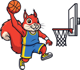 Cartoon Red Squirrel Slam Dunking Basketball in Sports Uniform Vector for Athletic Mascot, Kids Entertainment, and Action Illustration © shamima