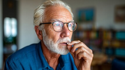 Older man smoking a cigarette indoors.