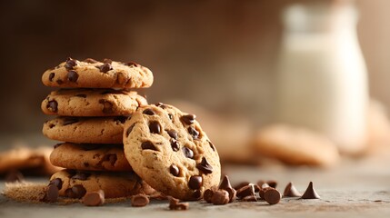Stack of freshly baked chocolate chip cookies rests beside a blurred glass of cold milk