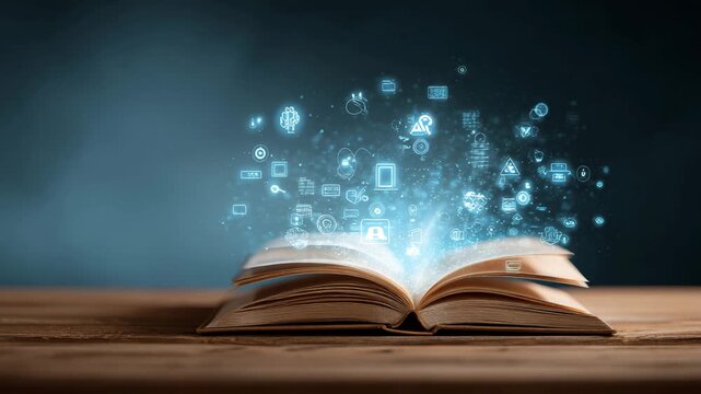 Glowing digital icons emerging from open book on wooden table in dark room