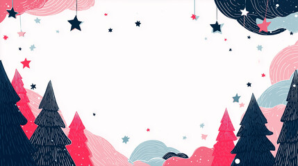 Obraz premium Winter Forest Border with Stars and Christmas Trees in Flat Festive Style