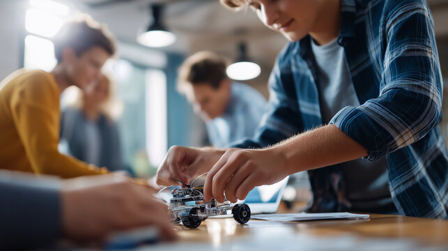Collective of students engaged robotics project workshop faceless youngsters defocused learning background children build robots learning engineering coding skills collaborate
