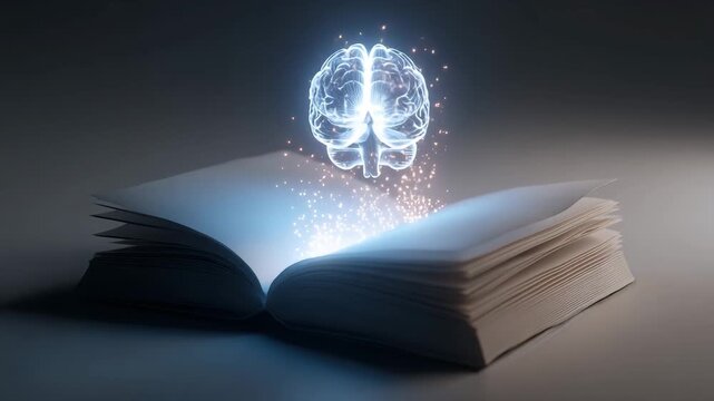 Futuristic glowing brain emerging from open book with digital knowledge and neural light