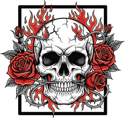Flaming Skull with Red Roses and Thorn Vines in Dark Gothic Vector for Tattoo Art, Horror Design, and Rock Aesthetic