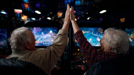 Elderly couple celebrating high five at casino.