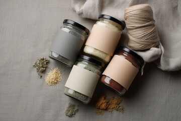 Reusable glass jars with kraft paper labels, dried herbs, linen cloth, and natural twine knots