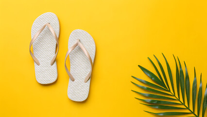 Enjoying summer vibes with beach sandals on a bright yellow background and a tropical leaf nearby with copyspace