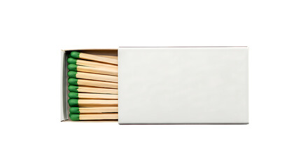 A box of matches with green heads lies open against a white background.
