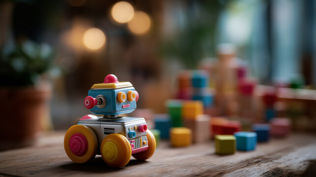 Colorful robotic toy with vintage feel in playful learning environment defocused educational background for youngsters development technology play scene innovative learning too
