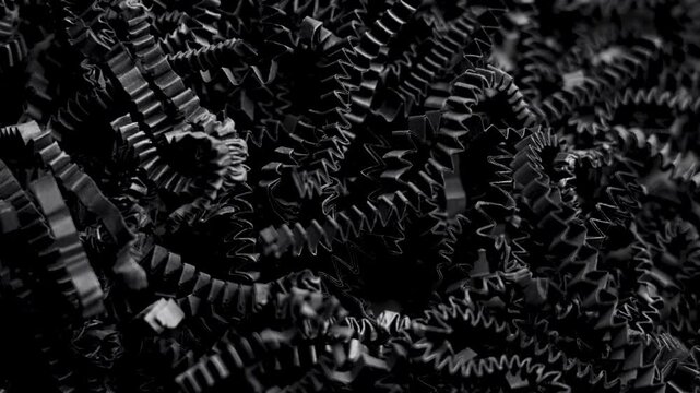Recycled crinkled shredded black paper filler close up. Rotating dark textured background