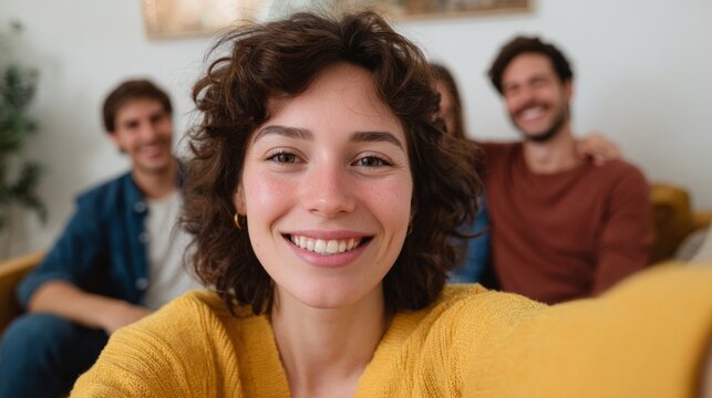 A group of people posing for a selfie in a room. - Powered by Adobe