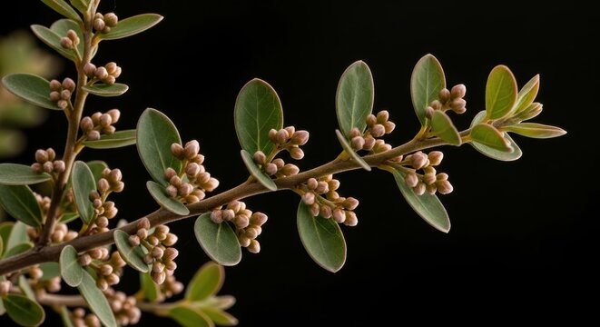 Small green leaves and numerous tiny flower buds on a plant branch