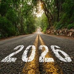 The number "2026" is written on the road to the forest. Planning and challenge, business strategy, opportunity, hope.