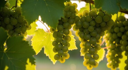 Green grapes ripen on a sun-drenched vineyard vine for harvest
