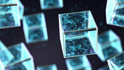 Floating digital crystal cube with glowing blue particles in futuristic space - Powered by Adobe