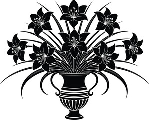 Decorative flower vase silhouette, blooming petals, curved leaves, ornate handles, black vector, elegant nature graphic, symmetrical design