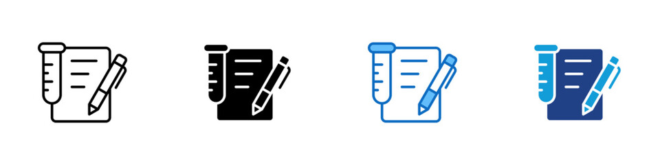 Research Report Multiple Style Icon Design Vector - tube and paper with pen representing documenting results, compiling data, and reporting scientific findings