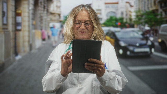 Senior woman doctor wearing white coat and stethoscope taps tablet with finger while standing at a city street crosswalk beside cars and buildings; focused care. - Powered by Adobe