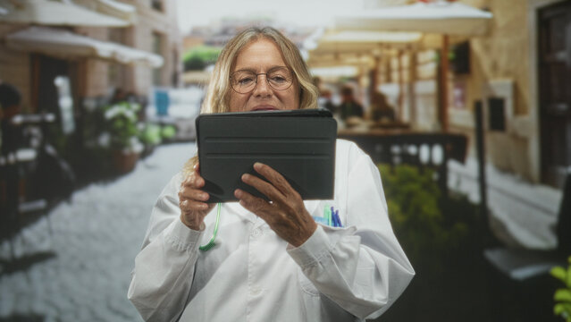Senior female doctor in white coat holds tablet with both hands, stethoscope and pens visible while reading on a street cafe; focused telemedicine care. - Powered by Adobe