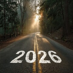 The number "2026" is written on the road to the forest. Planning and challenge, business strategy, opportunity, hope.