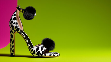 Stylish high heel shoe with black and white pattern and pompom on green background, fashion concept