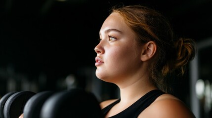 Woman lifting weights in gym.