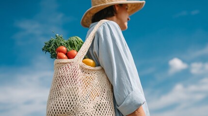 Woman carrying basket of produce under clear blue sky.