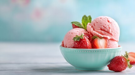 Multiple scoops of pink frozen dessert topped with fresh berries and mint served in a small aqua bowl