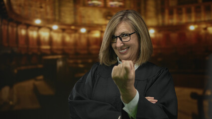 Smiling woman judge wearing glasses and a black robe in a building lined with wooden benches...
