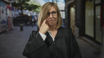 Fototapeta premium Middle age caucasian woman judge wearing black robe points finger to temple on a bustling city street under daylight; reflection.