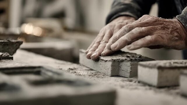 Detailed medium shot showing hands inspecting and finishing the surface of a sand casting mold capturing the expert craftsmanship involved in mold readiness.