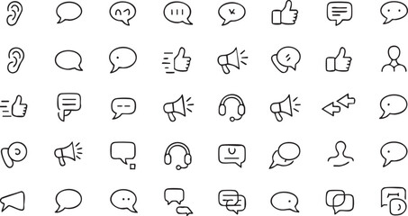 Sketchy Chat and Feedback Icons Set of Speech Bubbles Headsets and Social Media Elements in Doodle Style