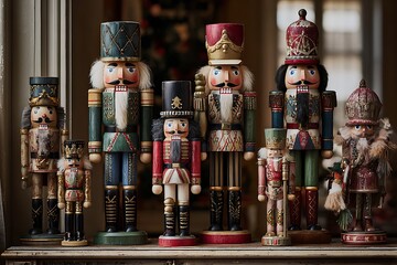 A collection of nutcrackers of different sizes standing guard on a mantelpiece or side table, dressed in festive uniforms 
