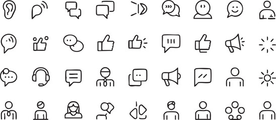 Hand Drawn User and Communication Icons. Doodle Vector Set of Avatars Speech Bubbles and Feedback Symbols