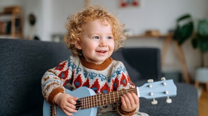 Baby playing guitar at home.