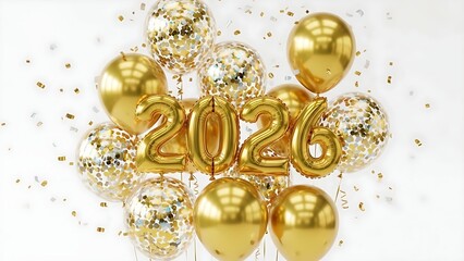 Celebrate 2026 with festive golden balloons and confetti, perfect for New Year's Eve parties, milestone birthdays, and exciting event announcements