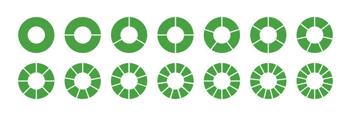 Circle division on 2, 3, 4, 5, 6, 7, 8, 9, 10, 11,12 ,13, 14 equal green parts. Wheel round divided green diagrams with two, four, five,  seven, eight, ten, eleven, twelve, thirteen, fourteen elements